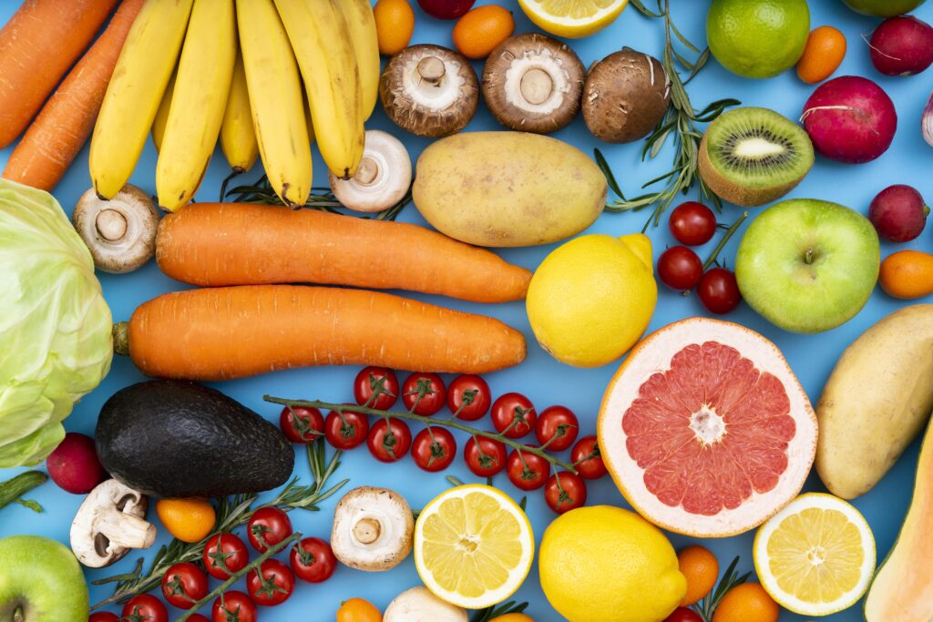 The Role of Nutrition in Recovery; How Food Supports Recovery From An Injury or Trauma 3 top view food blue background
