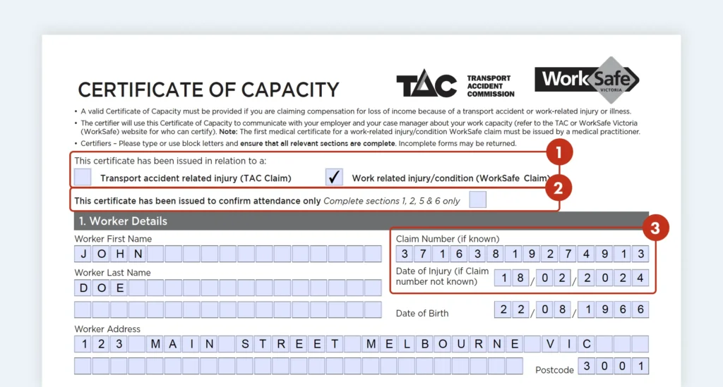 Certificate of Capacity form - Section 1 Worker Details