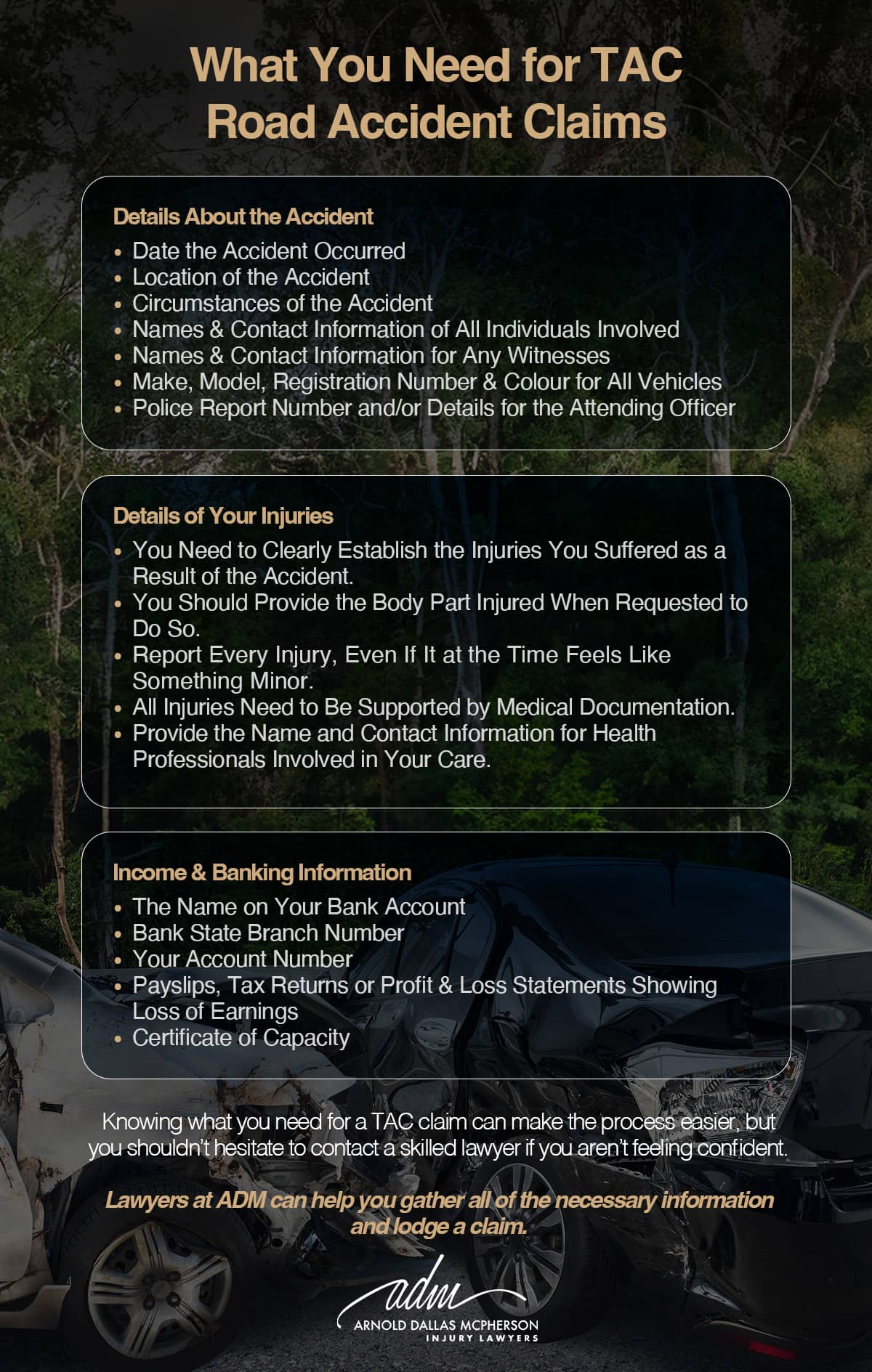 What you need for TAC road accident claims | Arnold Dallas McPherson Injury Lawyers