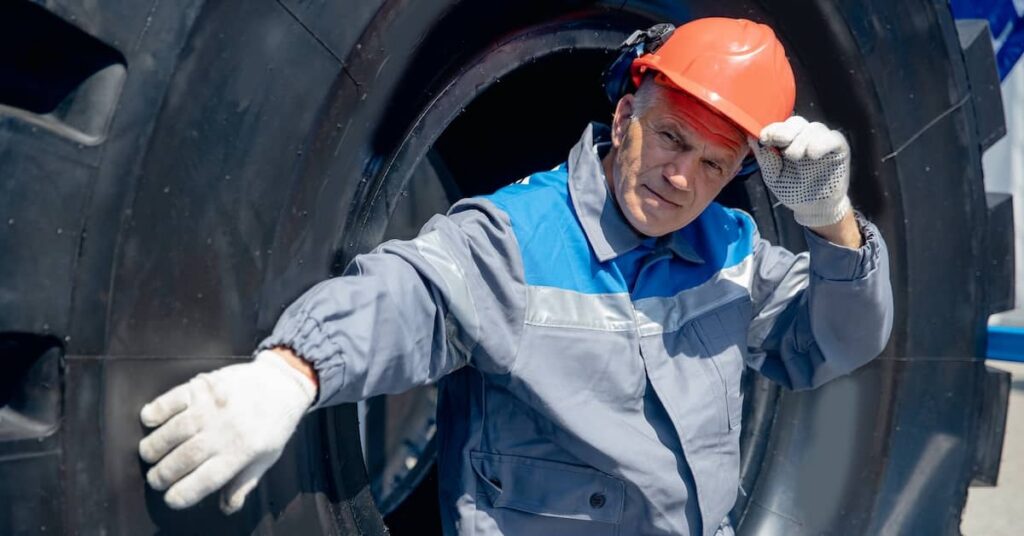Worker injured in a work-related transport accident steadying himself against the wheel of a large truck | Arnold Dallas McPherson Injury Lawyers